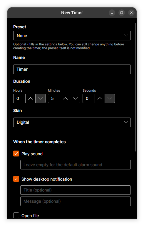 New Timer dialog with optional preset, name, duration, skin and completion settings
