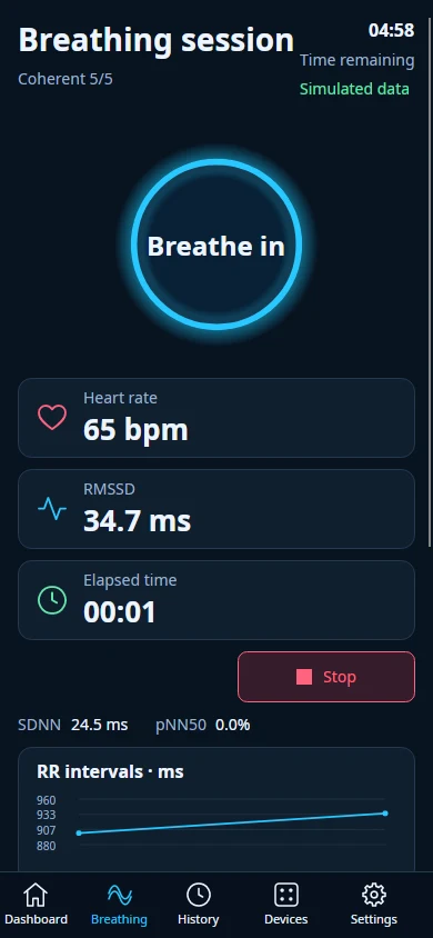 EnebroSense responsive breathing session with simulated heart rate and HRV data; Android coming soon
