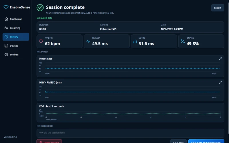 Session results in EnebroSense with simulated data